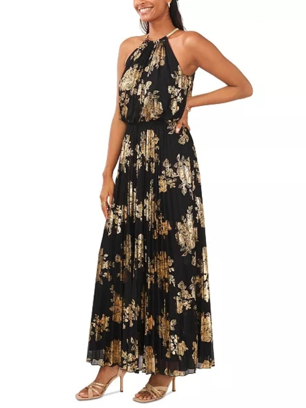 MSK Gold Floral Halter Maxi Dress - Black & Gold Size 20 Plus